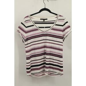 White House Black Market Women's V-Neck Striped Top Short Sleeve Size M Purple